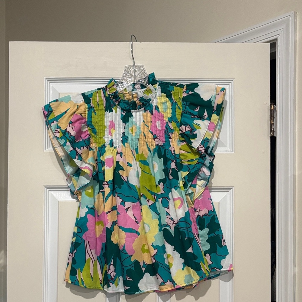 CROSBY by Mollie Burch Floral Ruffle Top - Green, Pink, Yellow